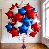 Облако из белых, красных, синих фольгированных звезд
